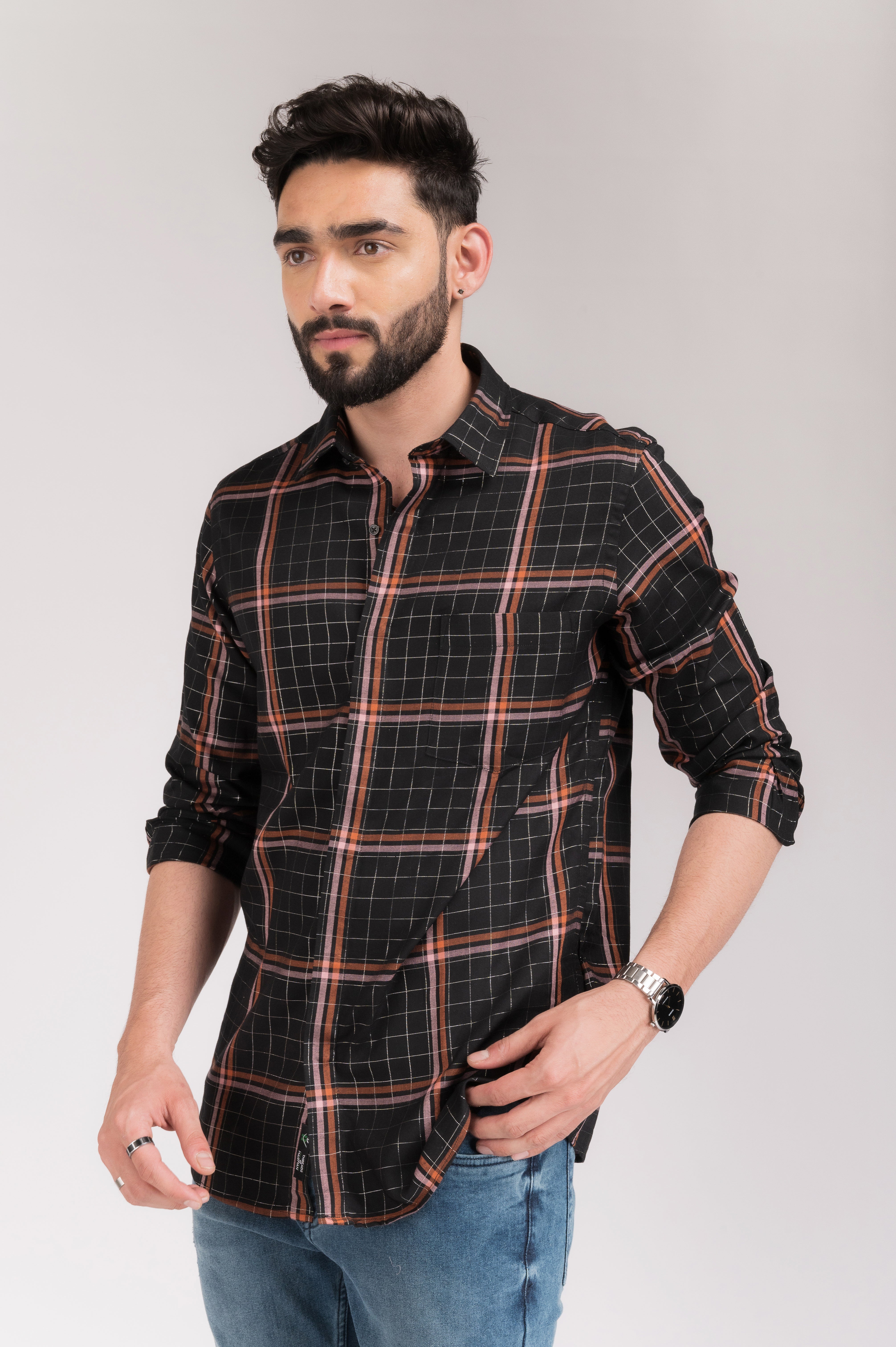 Black Orange Checks Regular Fit Shirt