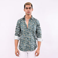 Peacock Blue Print  Slim Fit Shirt