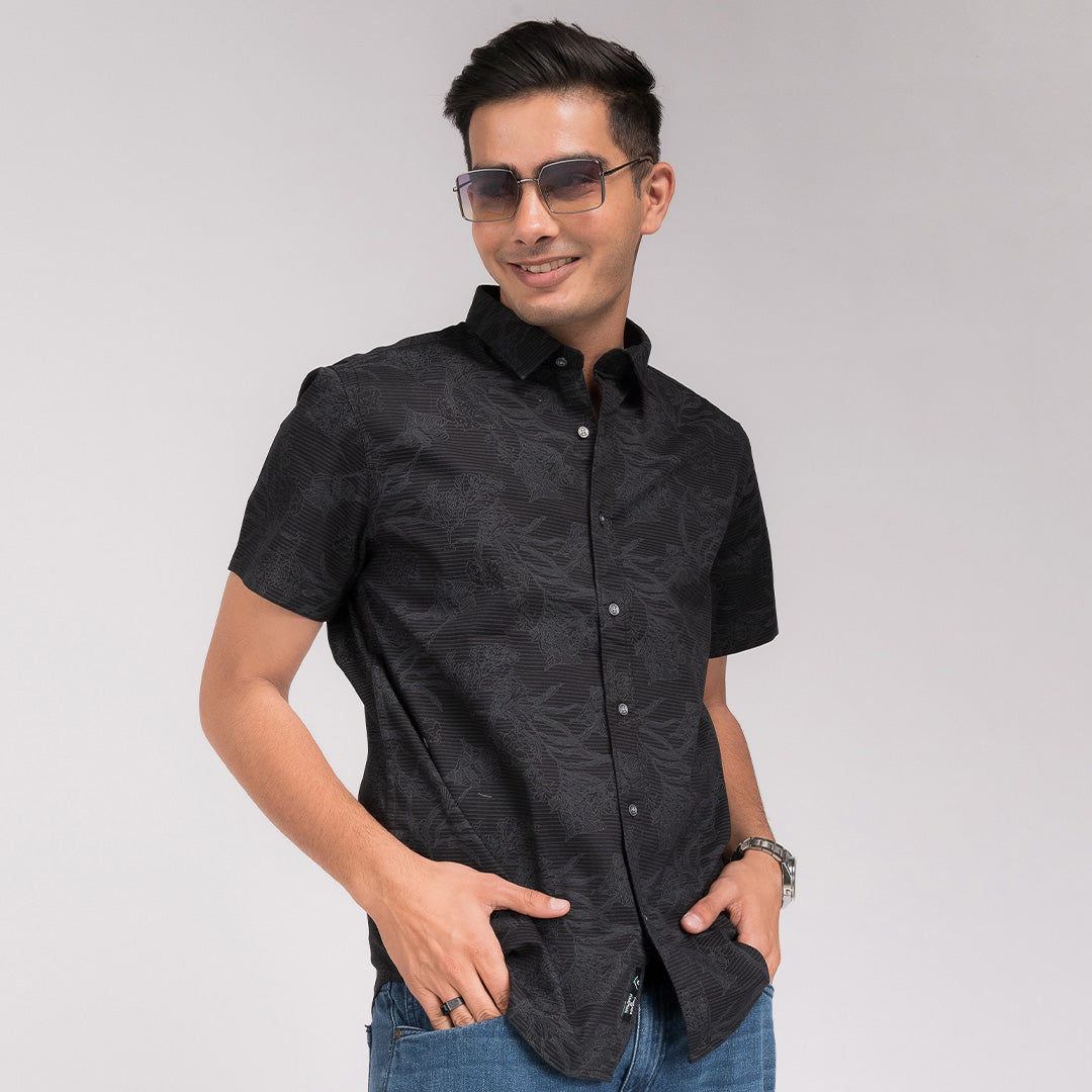 Black Floral Print Slim Fit Shirt