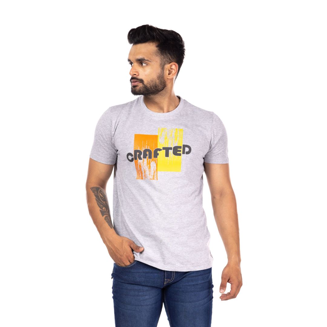 Crafted Printed Regular Fit Grey T-Shirt