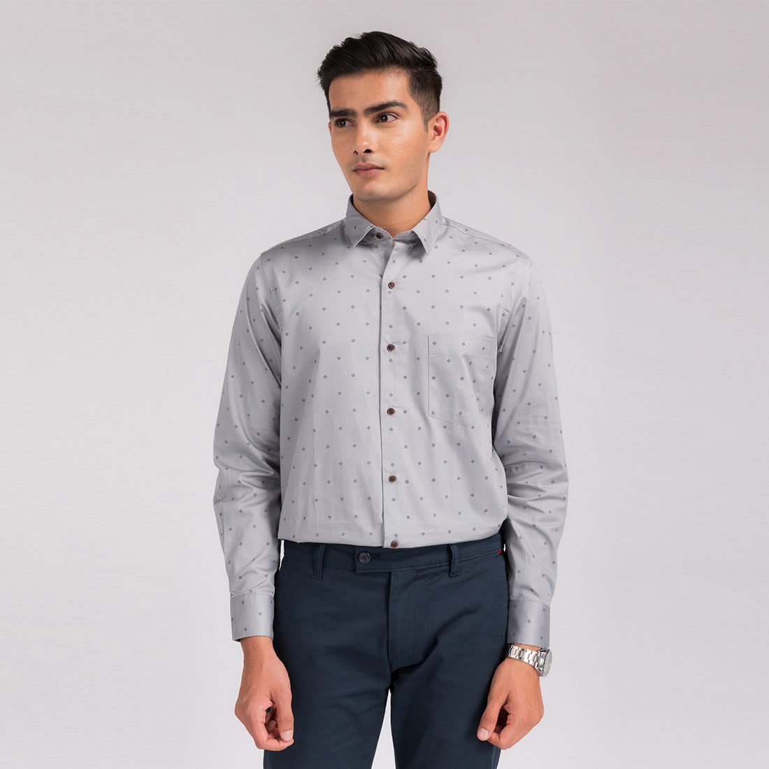 Smoke Grey Print Regular Fit Shirt