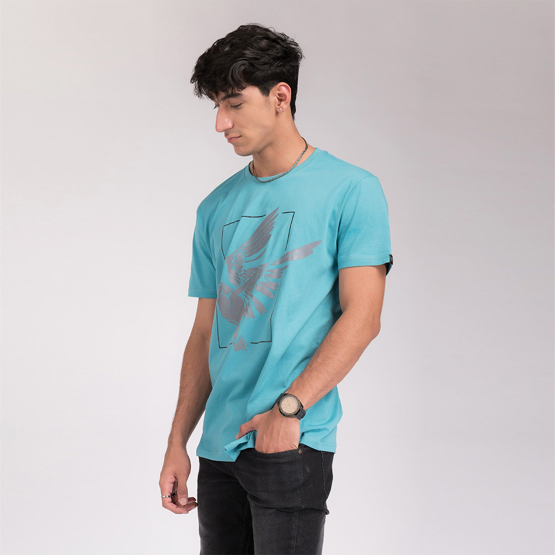 Turquoise Printed Regular Fit T-Shirt