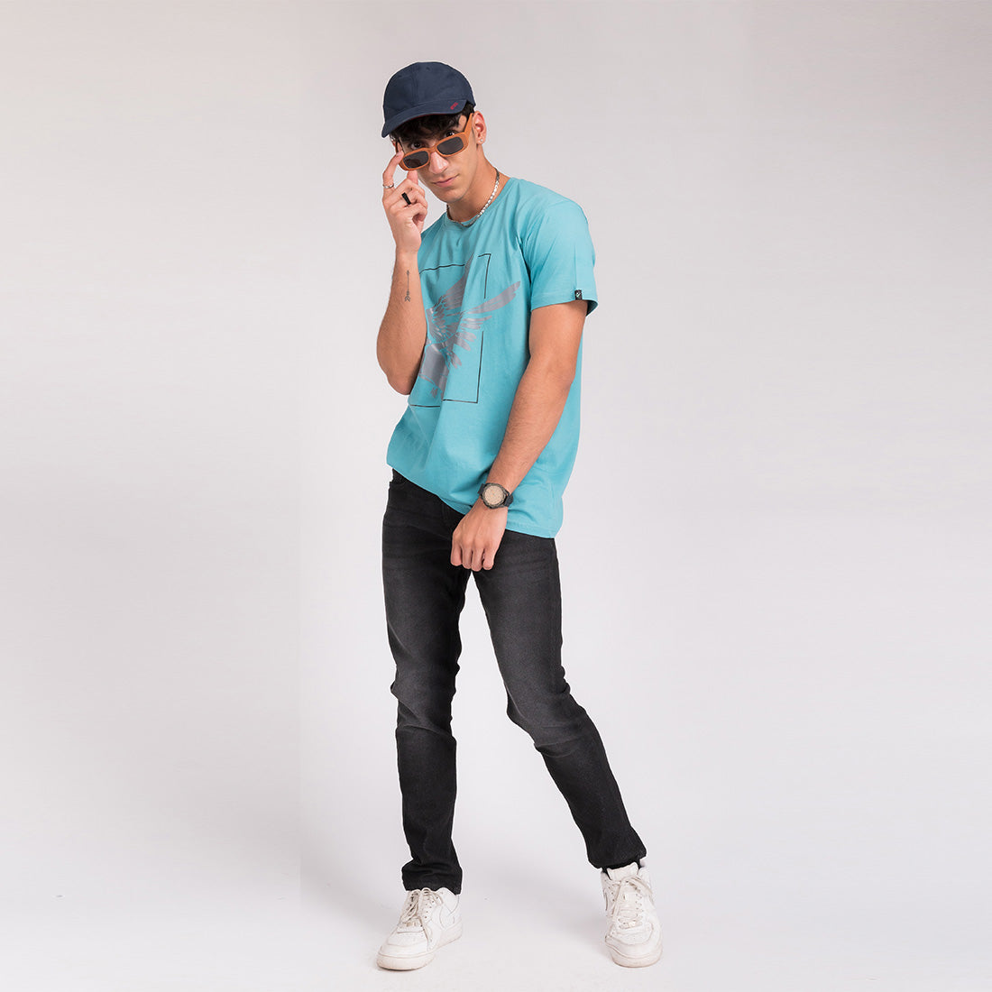 Turquoise Printed Regular Fit T-Shirt