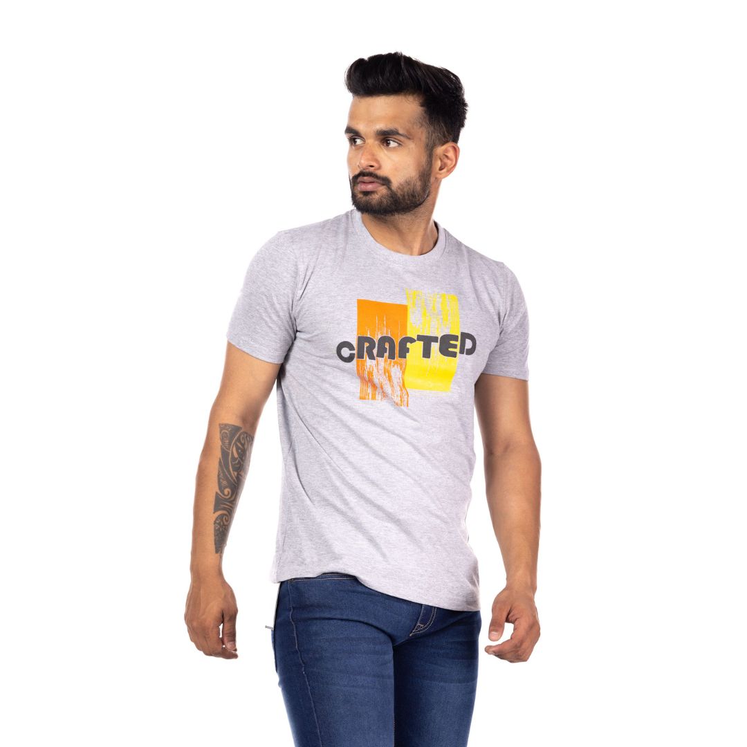 Crafted Printed Regular Fit Grey T-Shirt