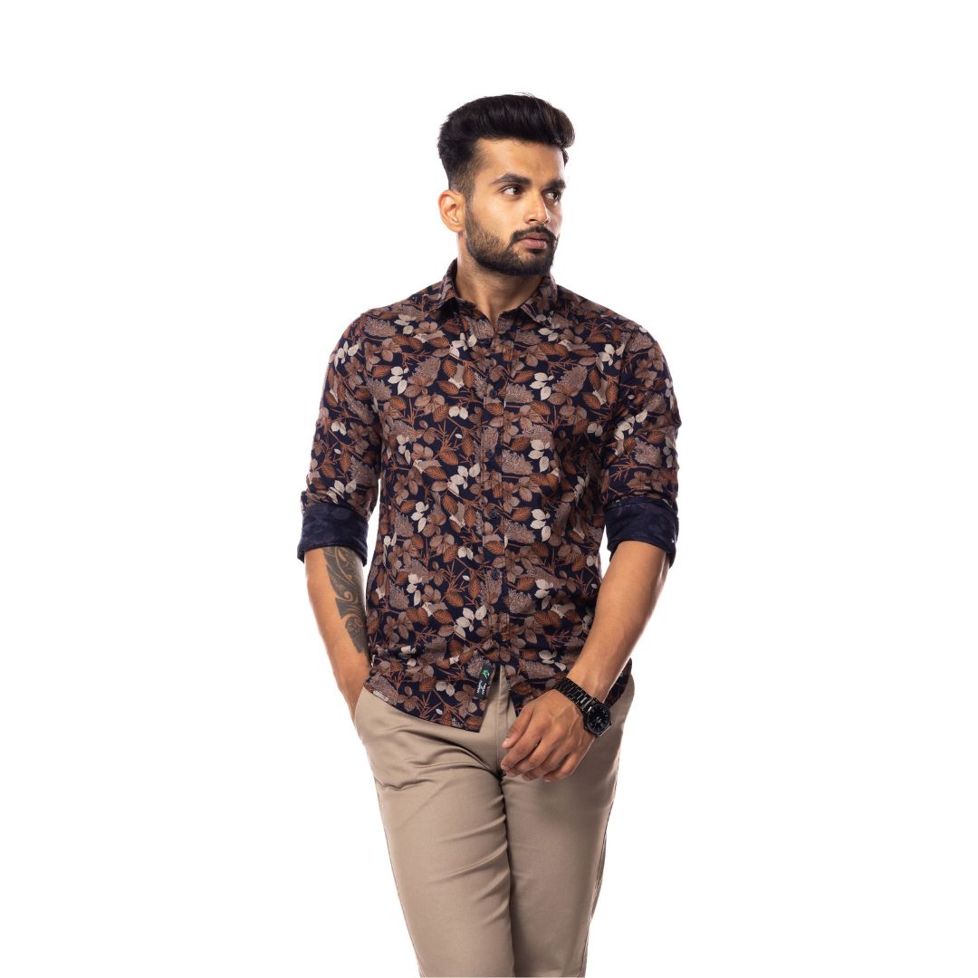 Brown Floral Print Slim Fit Shirt