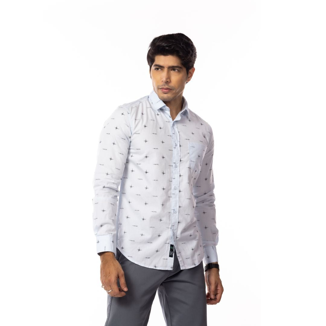 Light Blue Motif Print Slim Fit Shirt