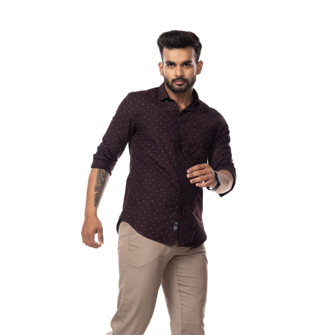 Brown Motif Print Slim Fit Shirt