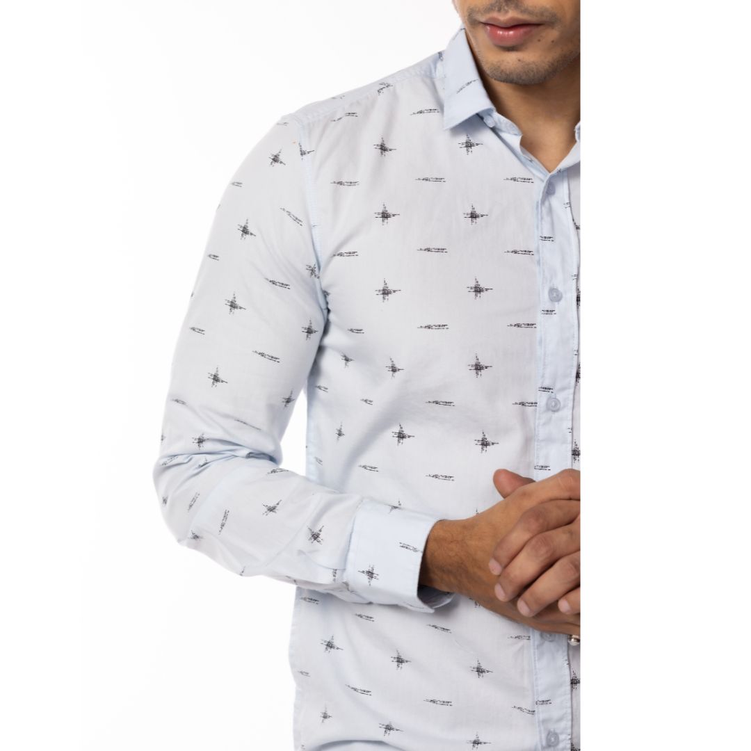 Light Blue Motif Print Slim Fit Shirt