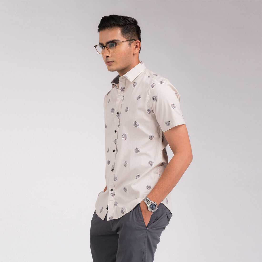 Cream Tree Printed Slim Fit Shirt