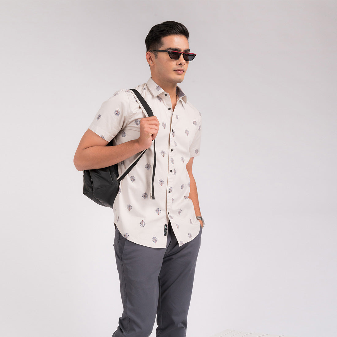 Cream Tree Printed Slim Fit Shirt