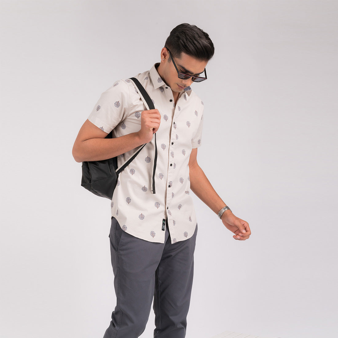 Cream Tree Printed Slim Fit Shirt