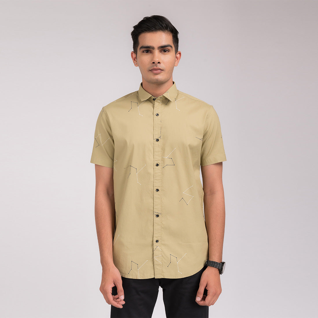 Light Olive Print Slim Fit Shirt