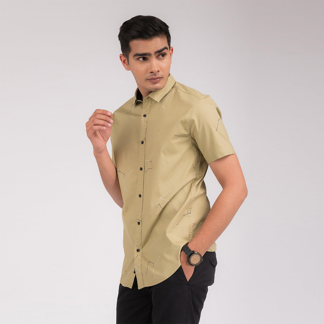 Light Olive Print Slim Fit Shirt