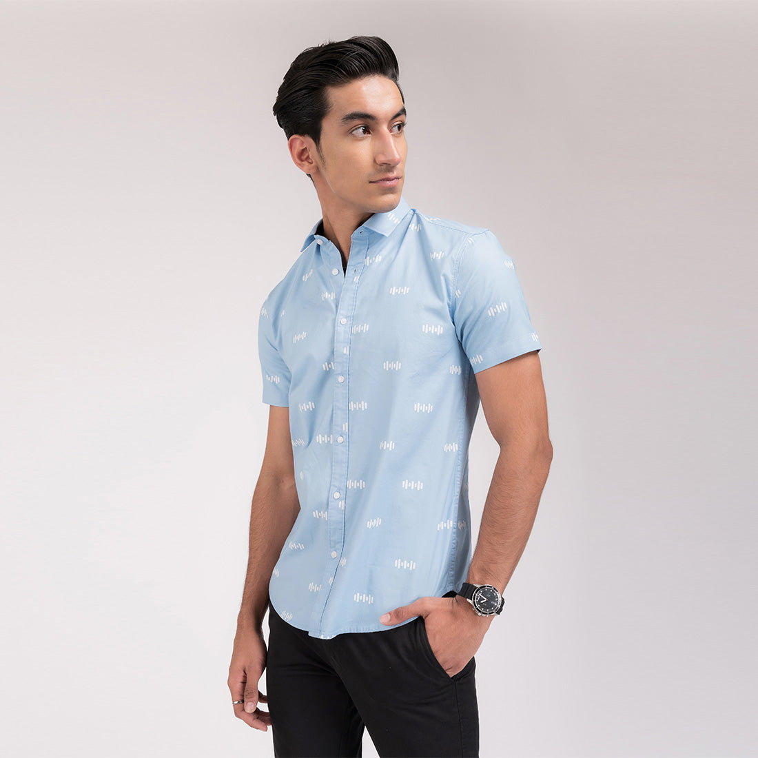 Sky Blue Print Slim Fit Shirt