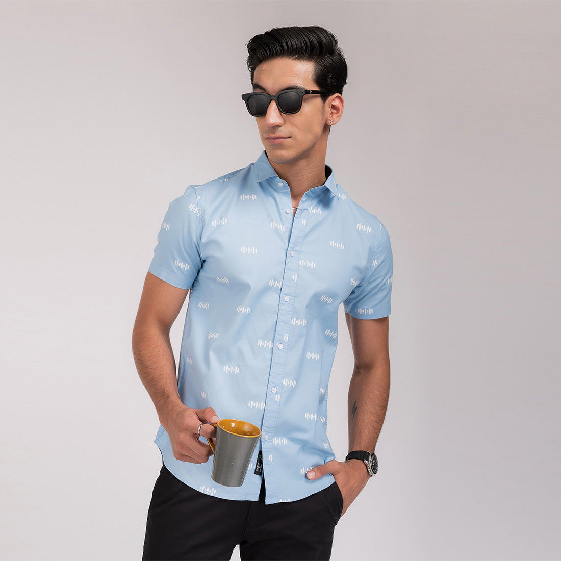 Sky Blue Print Slim Fit Shirt