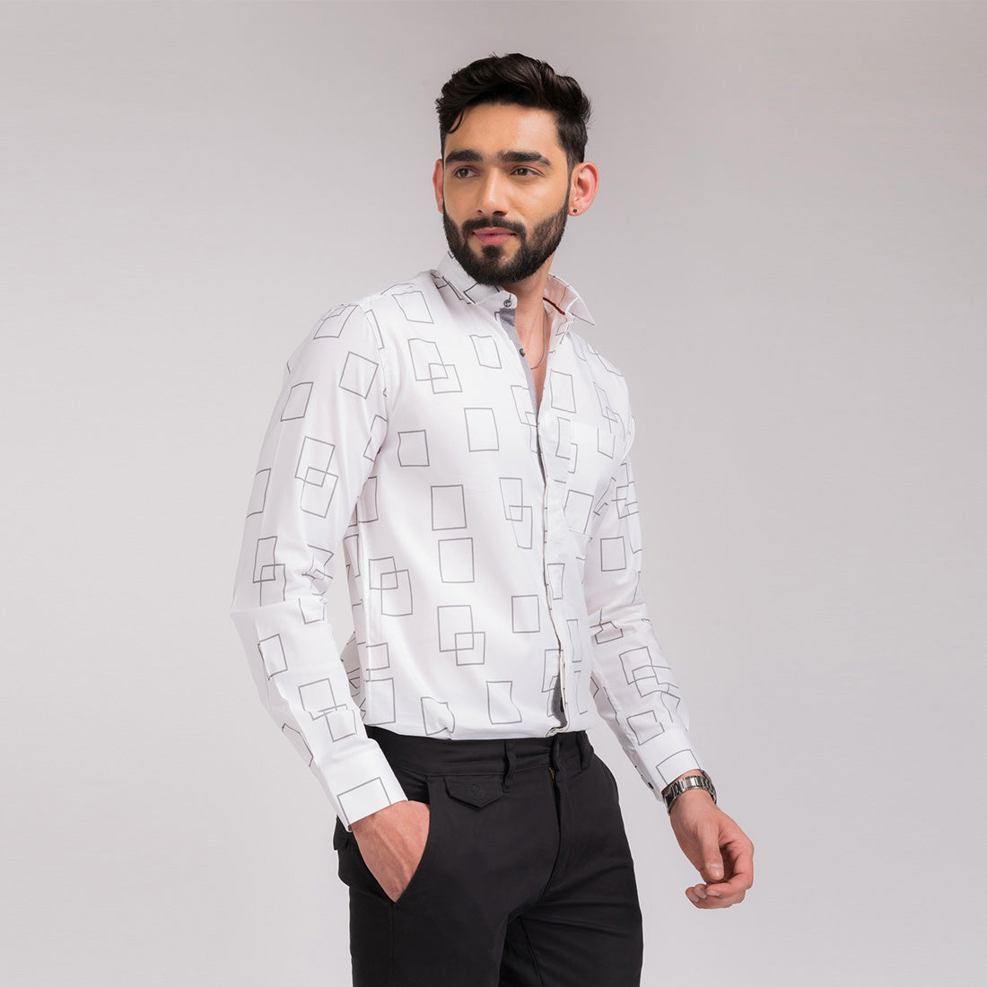 White Pattern  Slim Fit Shirt