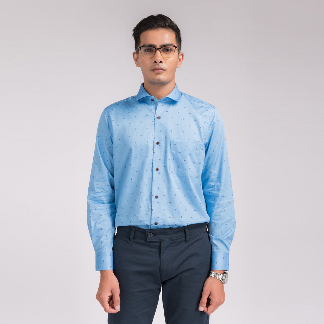 Azure Blue Print Regular Fit Shirt