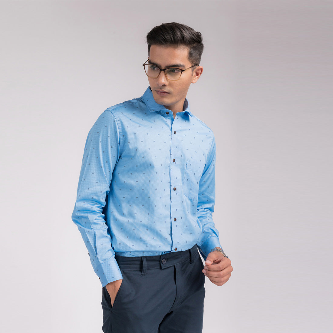 Azure Blue Print Regular Fit Shirt