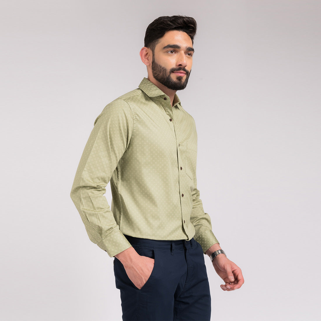 Printed Moss Green Regular Fit Shirt